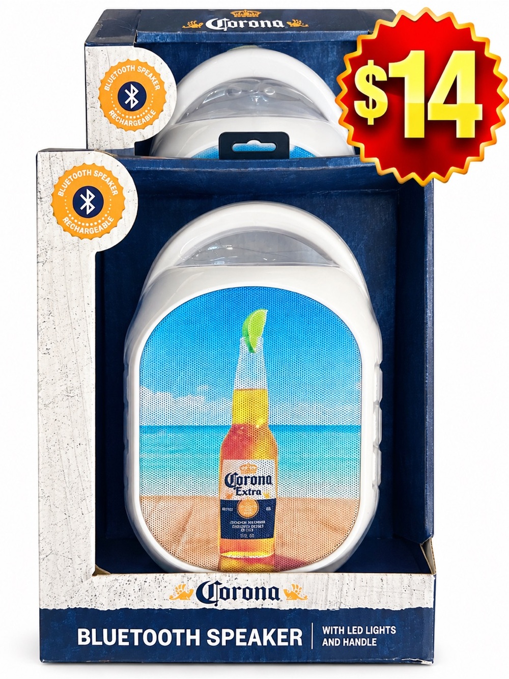 Corona White Bluetooth Speaker with Blue and Yellow Beach Bottle Art